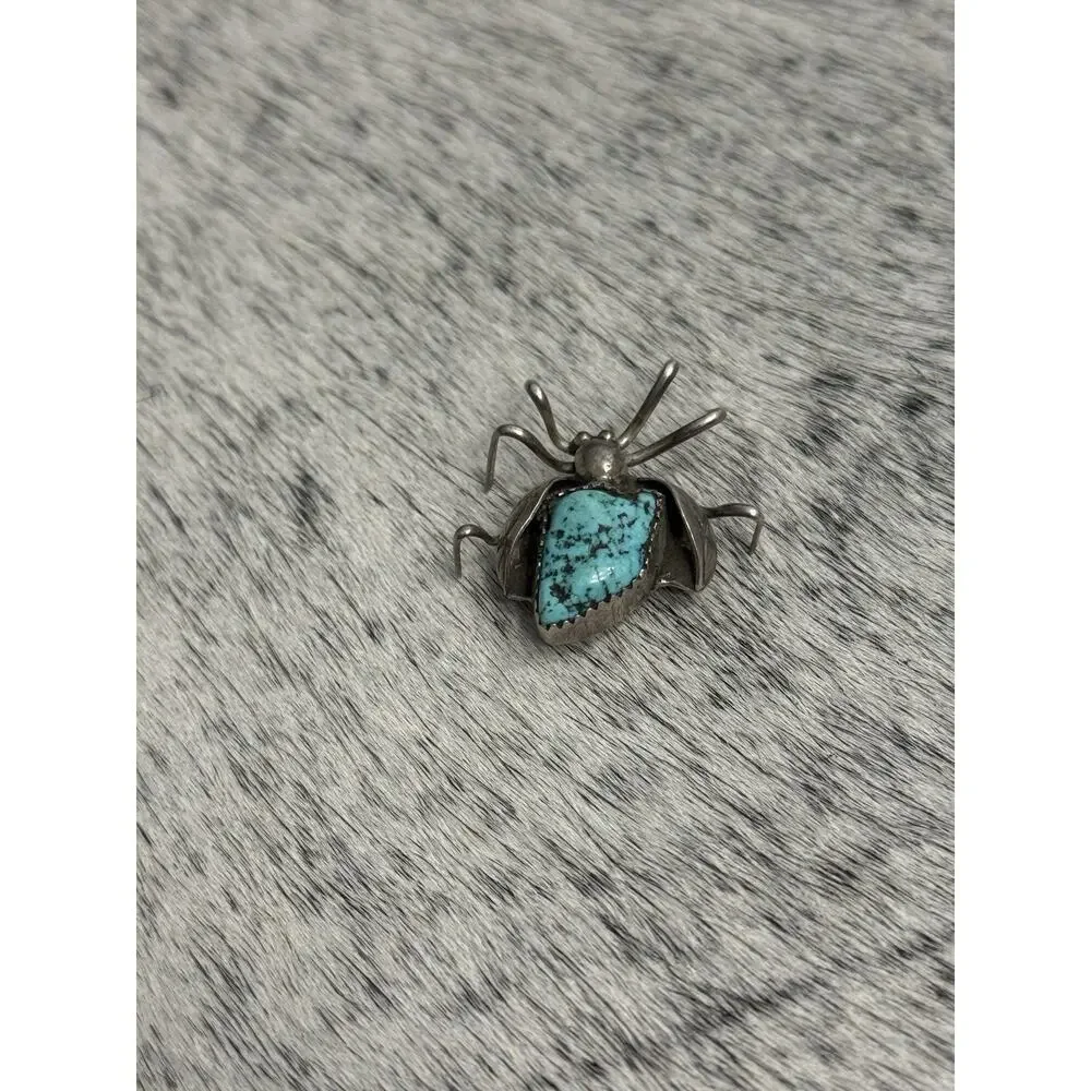Native American Sterling Silver Turquoise Nugget Beetle Spider Bug Pin Brooch